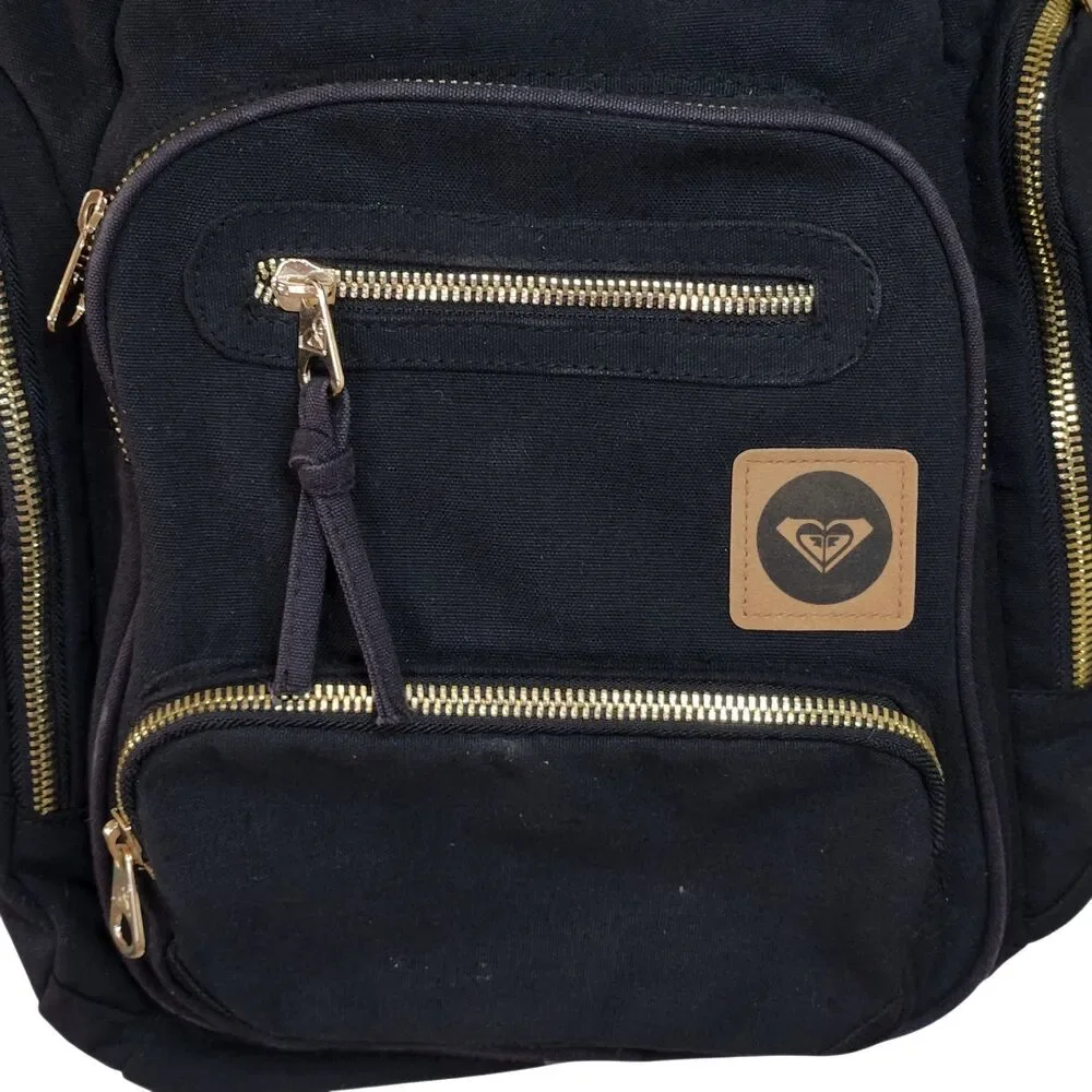 Roxy Black Canvas Backpack Gold Zippers Travel School Bookbag Faux Leather Patch